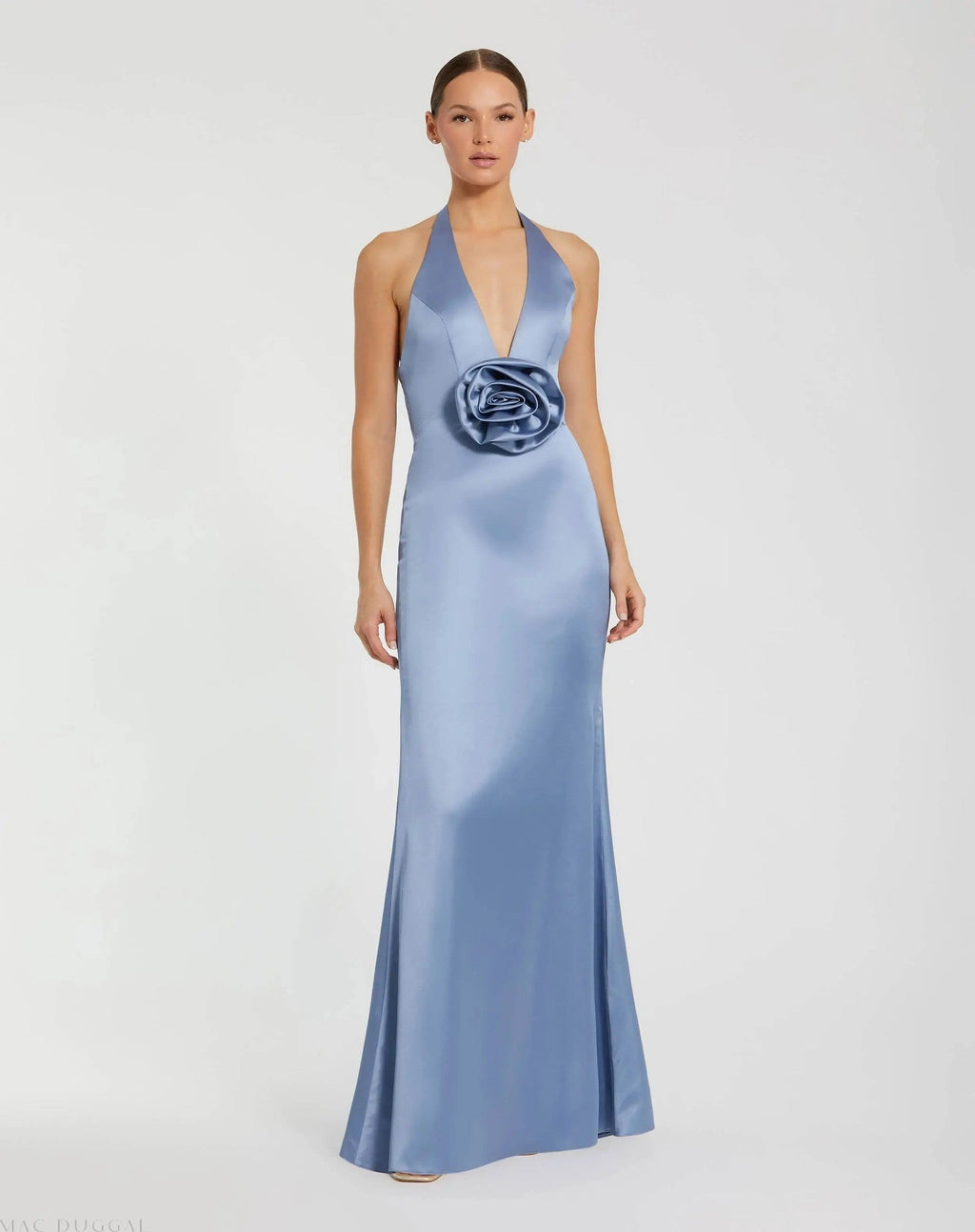 Fitted Satin Sleeveless Halter Gown With 3D Flower