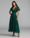 Emerald Embroidered Flutter Sleeve A Line Cocktail Dress