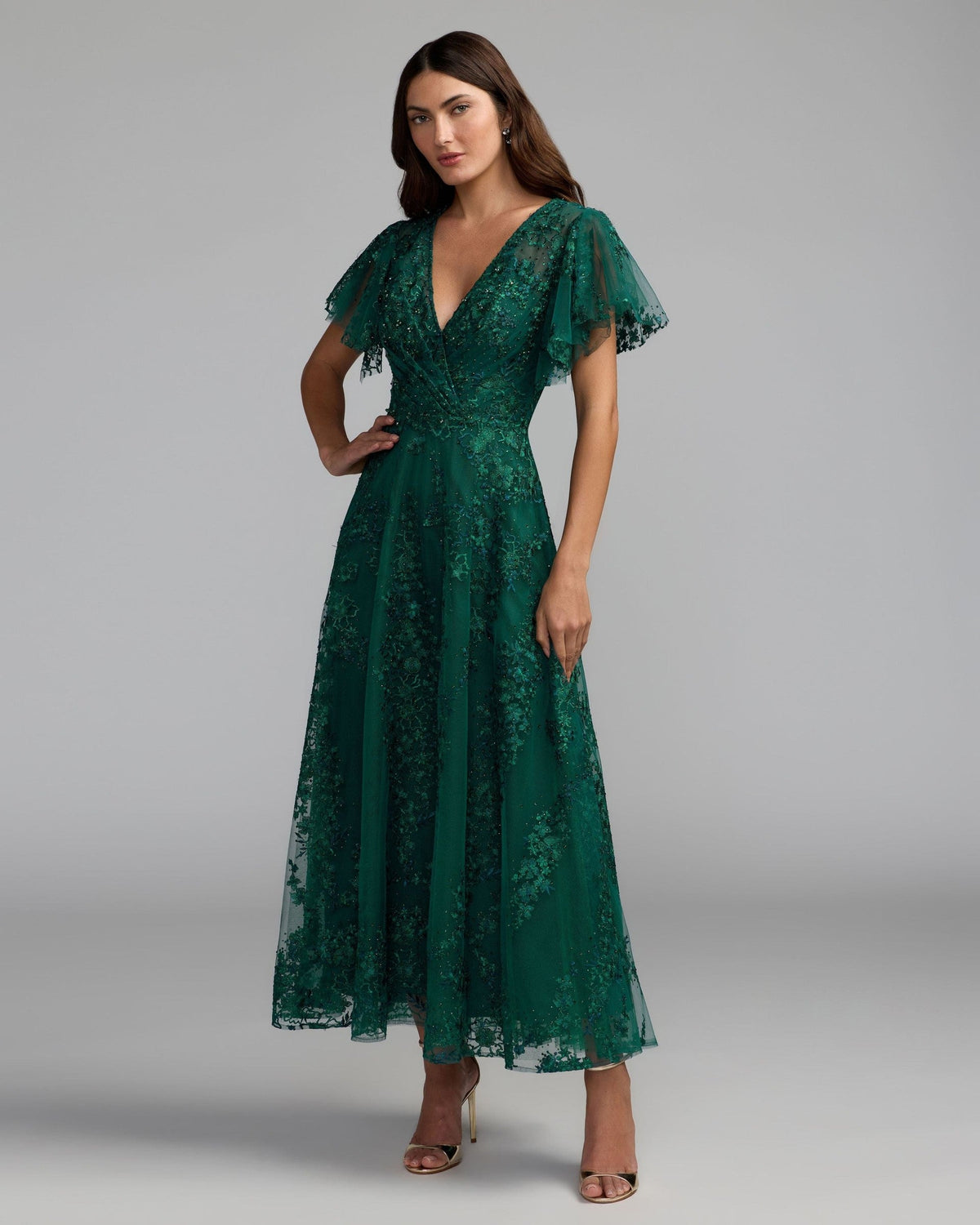 Embroidered Flutter Sleeve A Line Dress