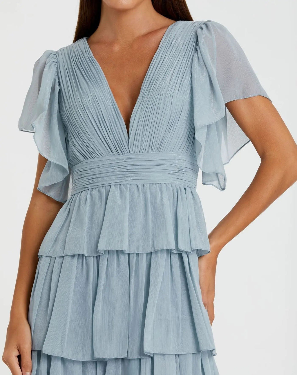 Blue Flutter Sleeve Ruffle Tiered Gown