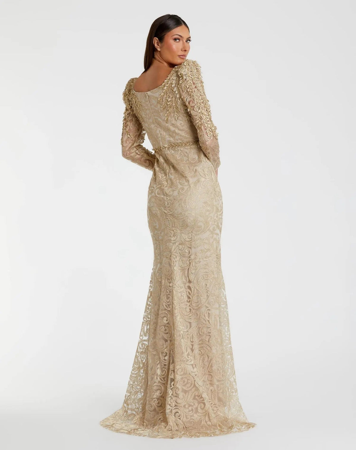 Gold Long Sleeve Embroidered Applique Trumpet Gown - FINAL SALE