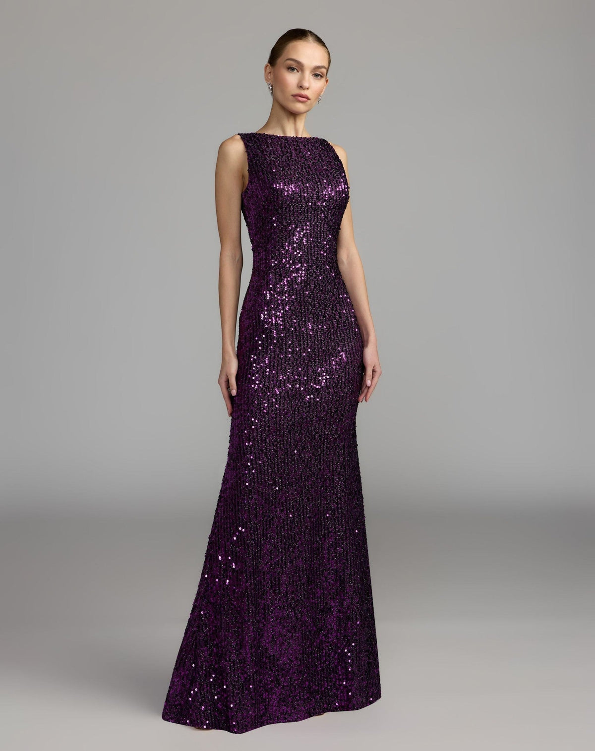 Plum Sleeveless Cowl Back Sequin Evening Gown