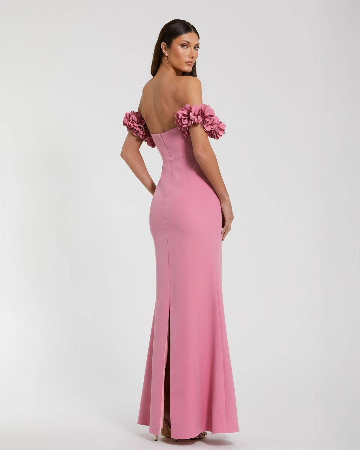 Rose Crepe Off The Shoulder Gown With 3D Flowers