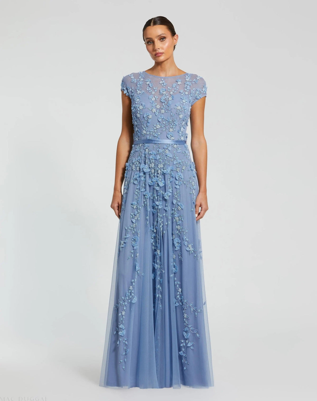 Floral Embellished Cap Sleeve Gown