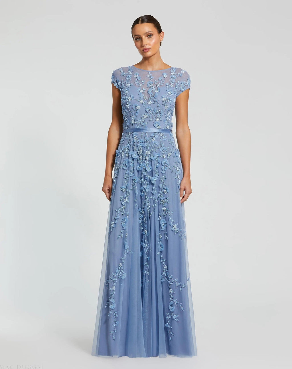 Sky Blue Floral Embellished Cap Sleeve Gown