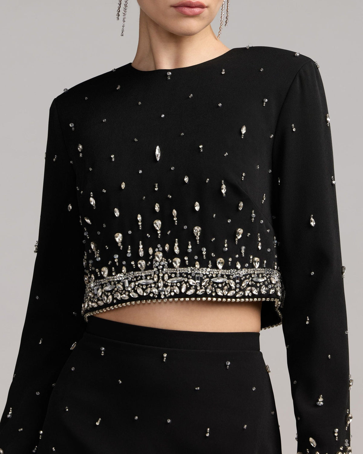 Black Embellished Top And Mini Skirt Set