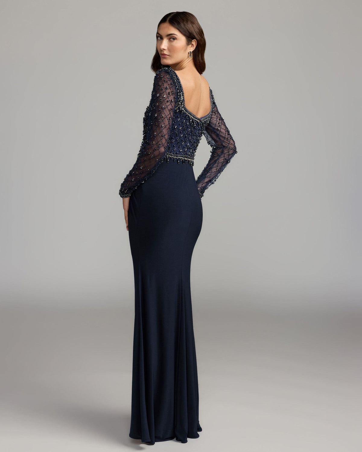 Midnight Embellished Illusion Long Sleeve Column Gown