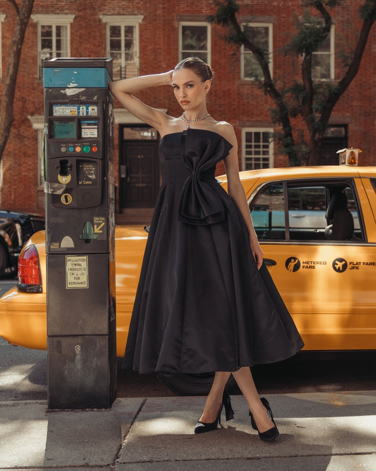 Black Strapless Satin A-Line Midi Dress With Bow