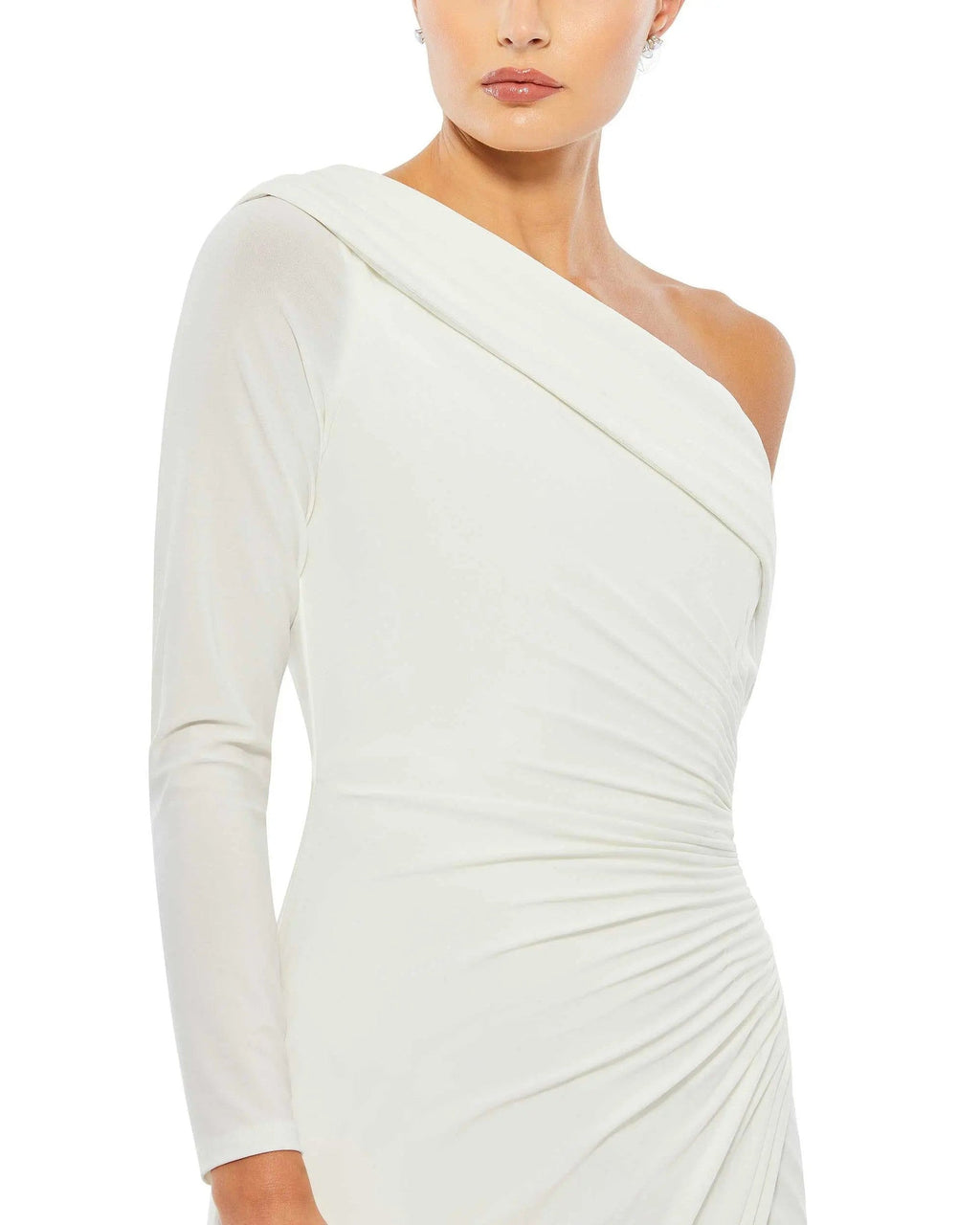 White Ruched Jersey Drop Shoulder Foldover Gown