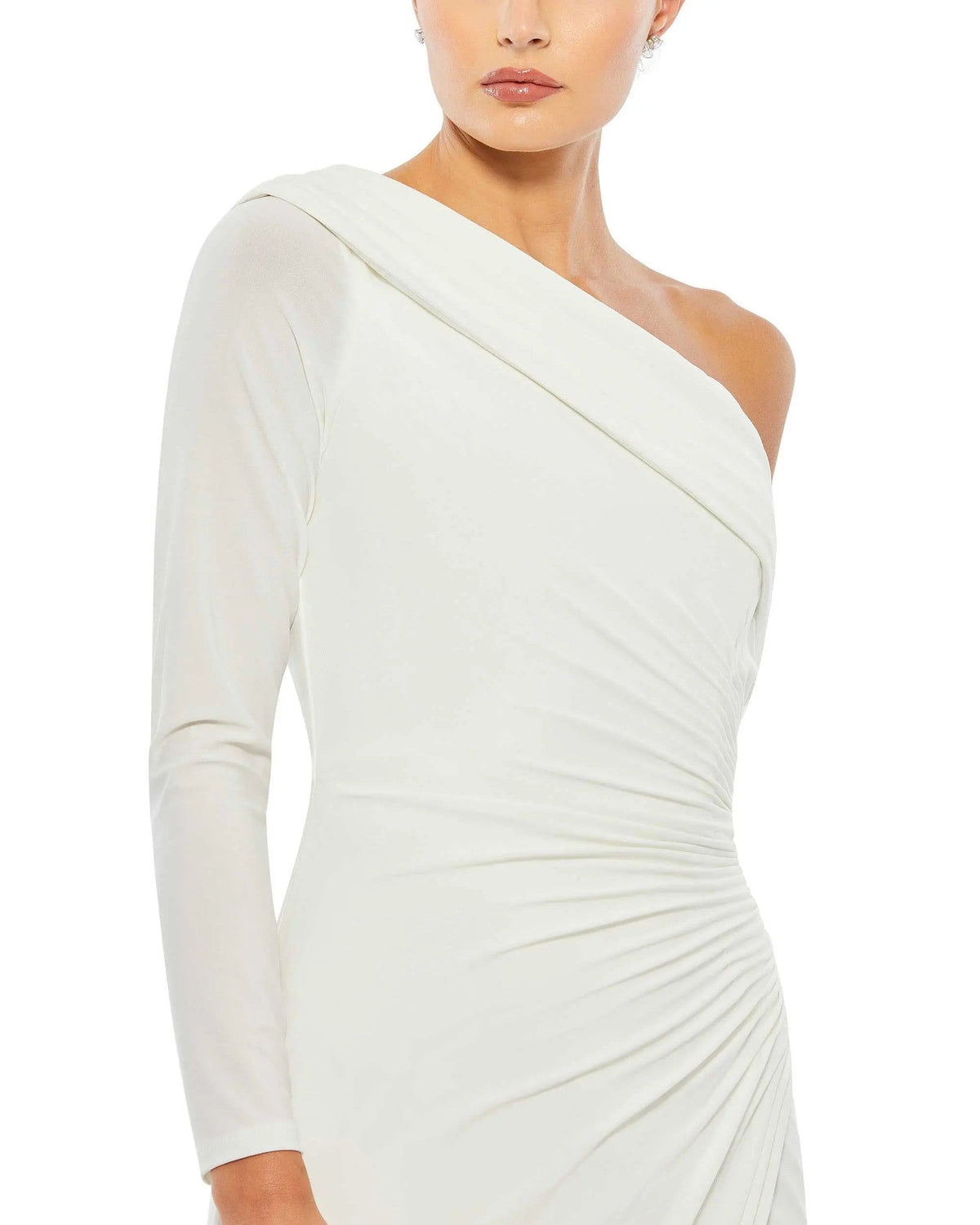 White Ruched Jersey Drop Shoulder Foldover Gown