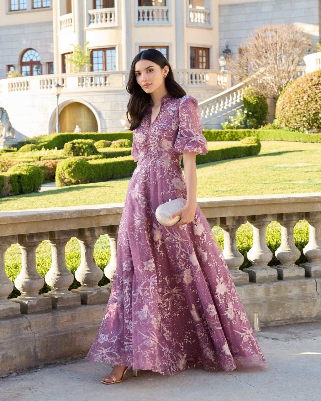 Wisteria Queen Anne Puff Sleeve Embroidered A-Line Gown