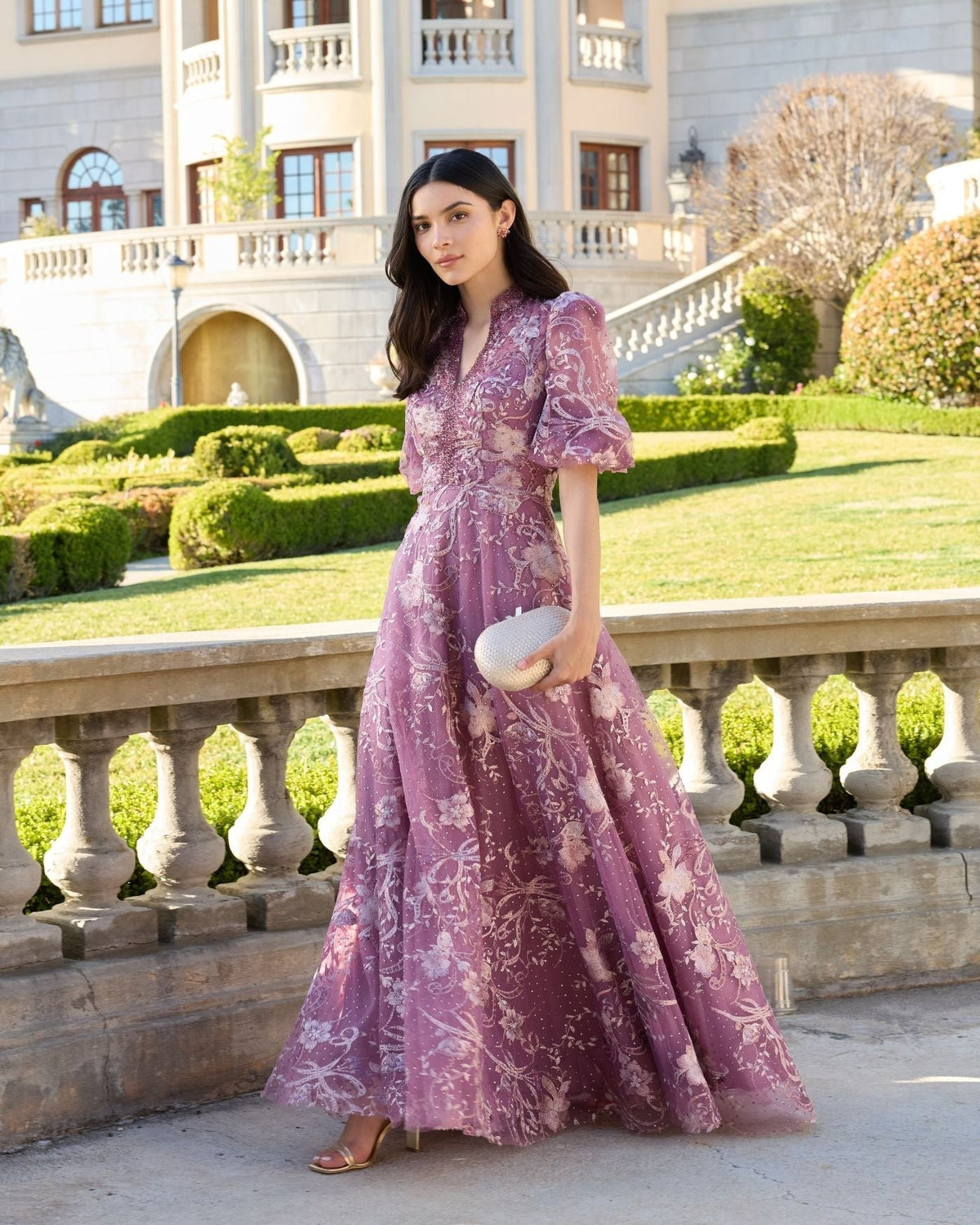 Wisteria Queen Anne Puff Sleeve Embroidered A-Line Gown