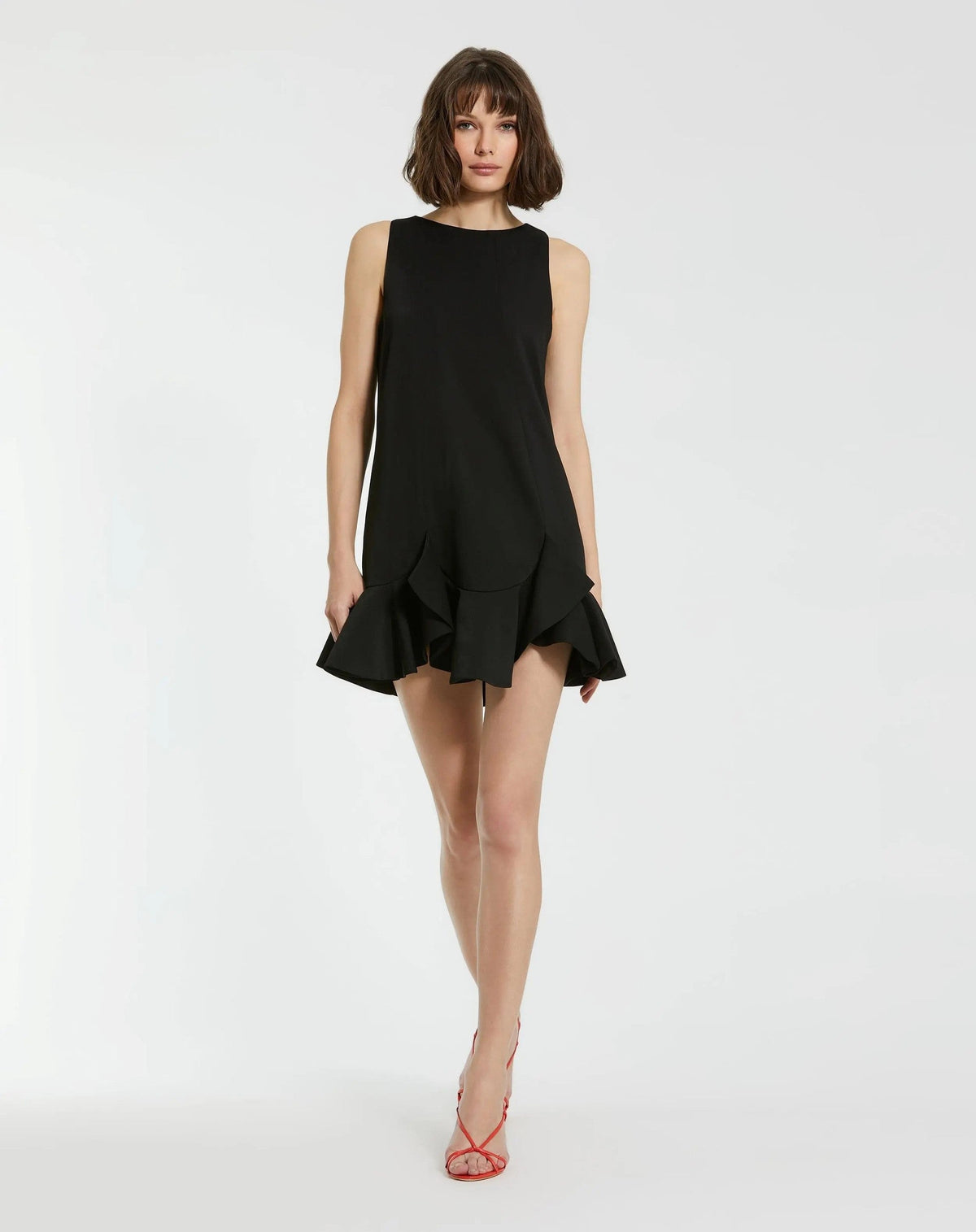 The Mia Black High Neck Sleeveless Crepe Mini Dress With Ruffle Hem