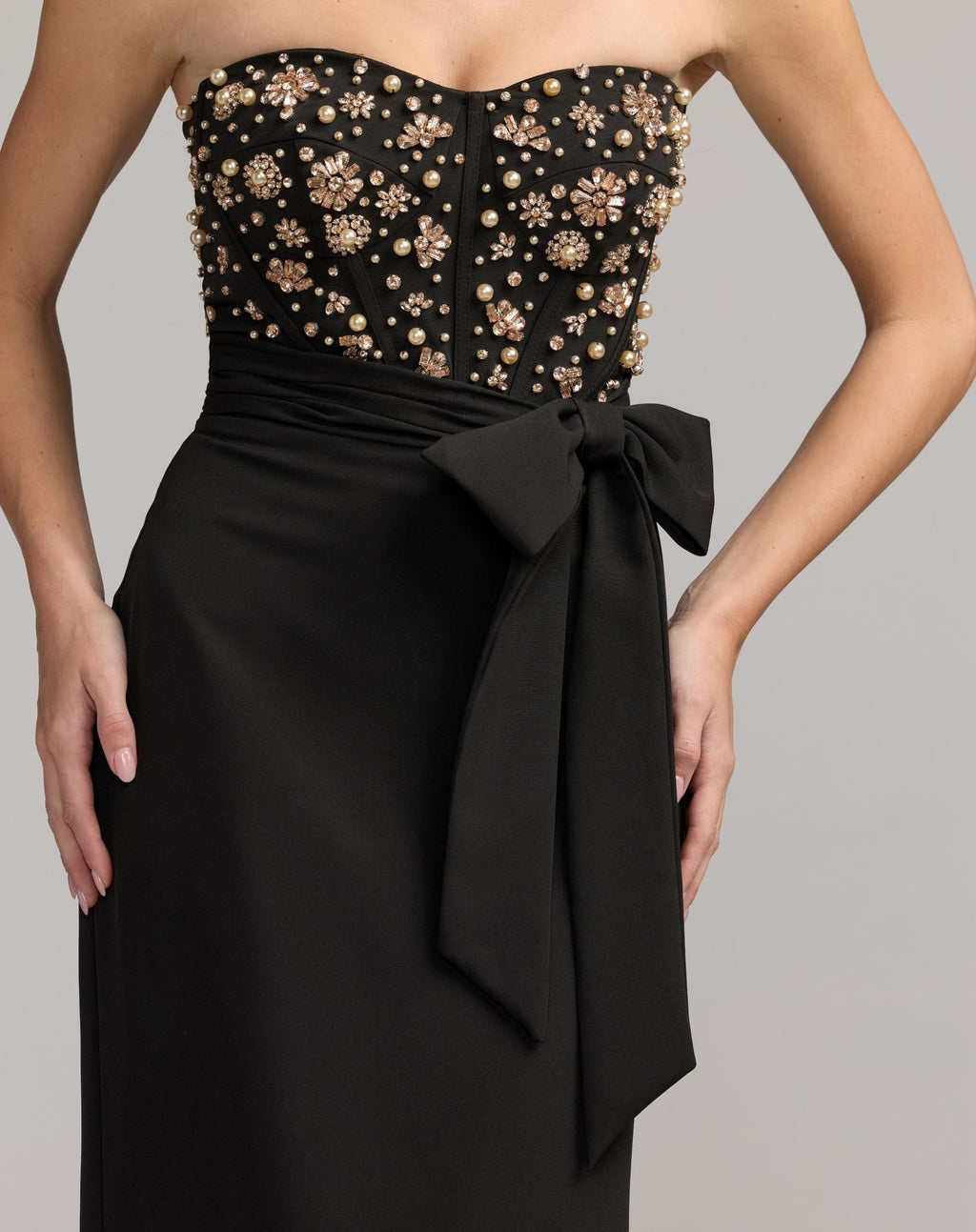 Black Gold Strapless Embellished Bustier Gown with Bow
