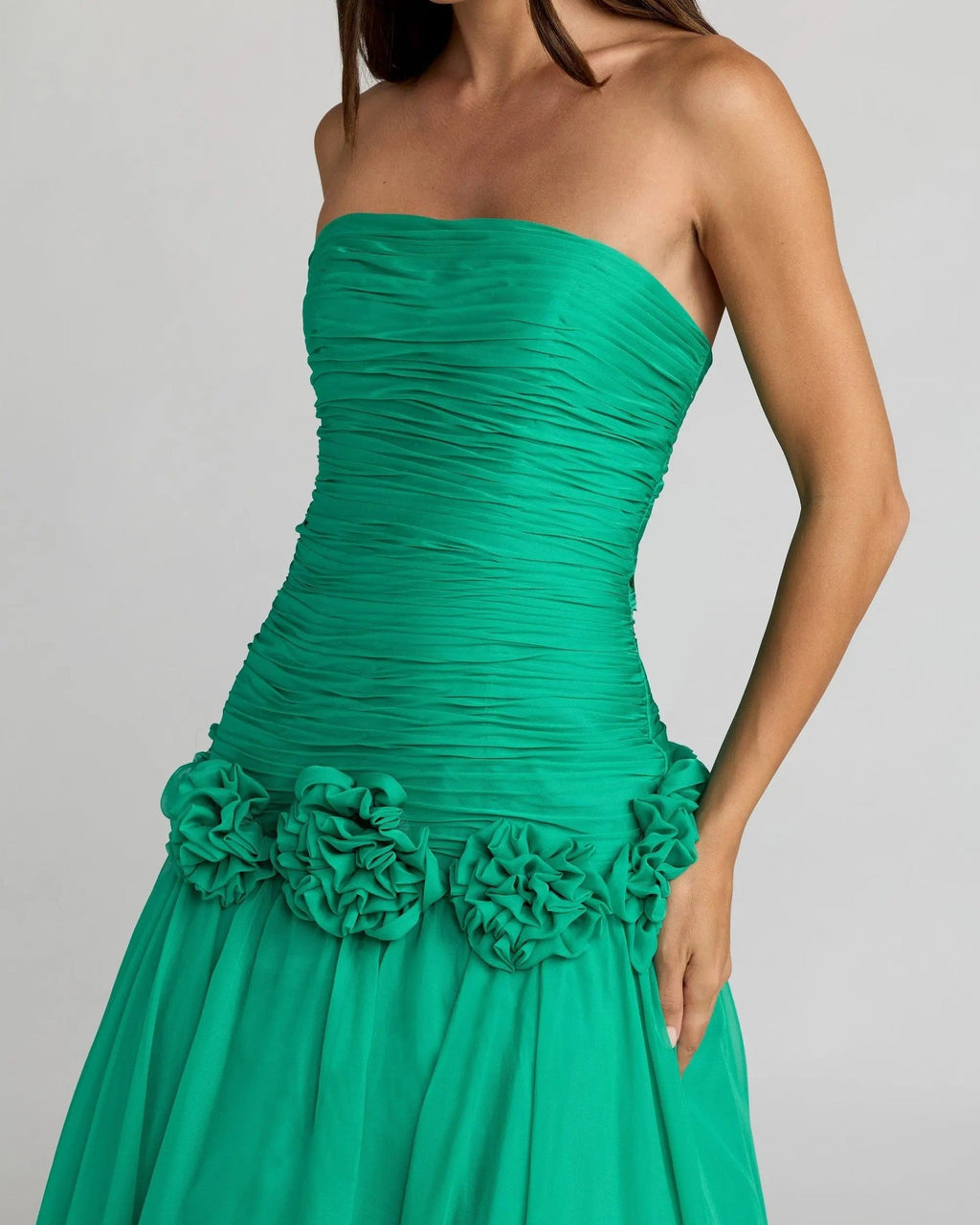 Spring Green Strapless Chiffon Ball Gown With 3D Flowers