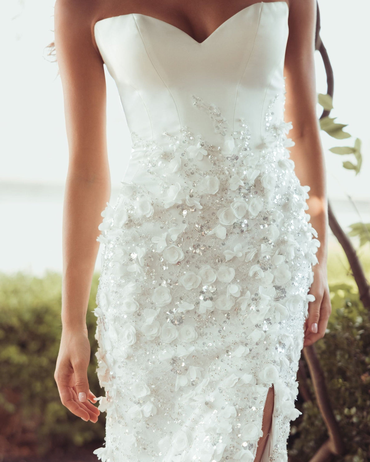 Ivory Strapless 3D Floral Embellished Crepe Gown With Slit