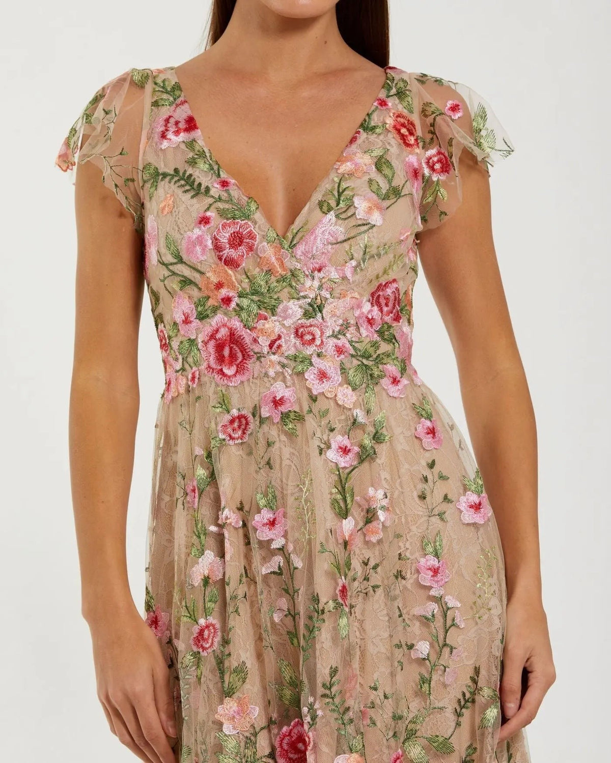 Nude Multi Floral Embroidered Flutter Sleeve Midi Dress
