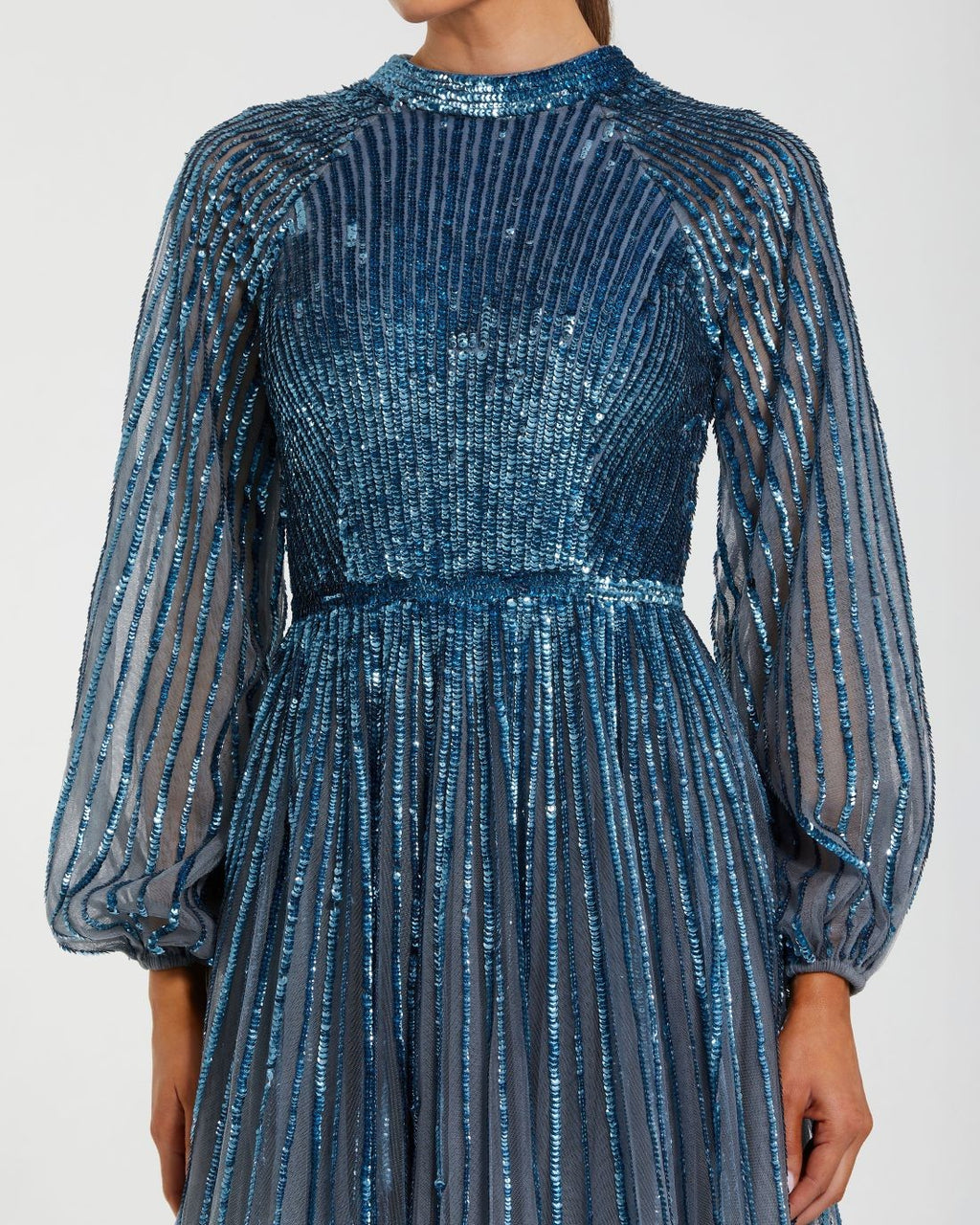 Petite Blue Ombré Sequin Long Sleeve A-Line Evening Dress