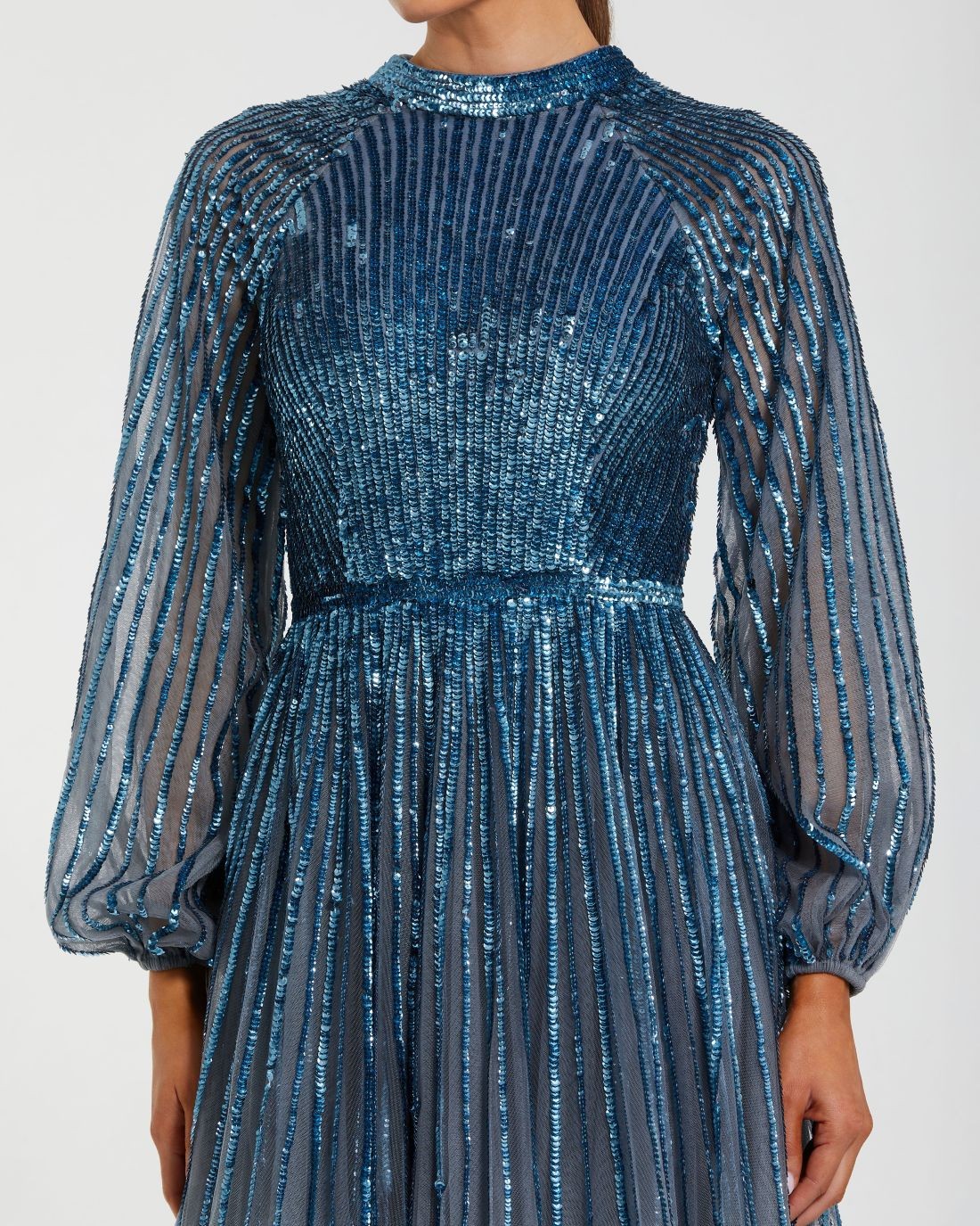 Petite Blue Ombré Sequin Long Sleeve A-Line Evening Dress