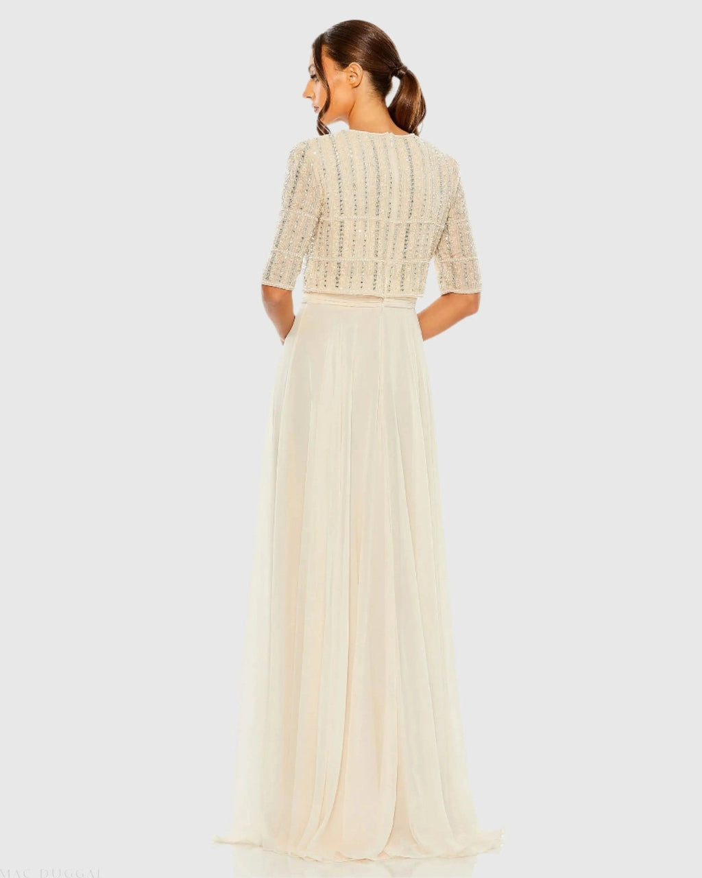 Beige Chiffon Gown w/ Fully Beaded 3/4 Sleeve Top