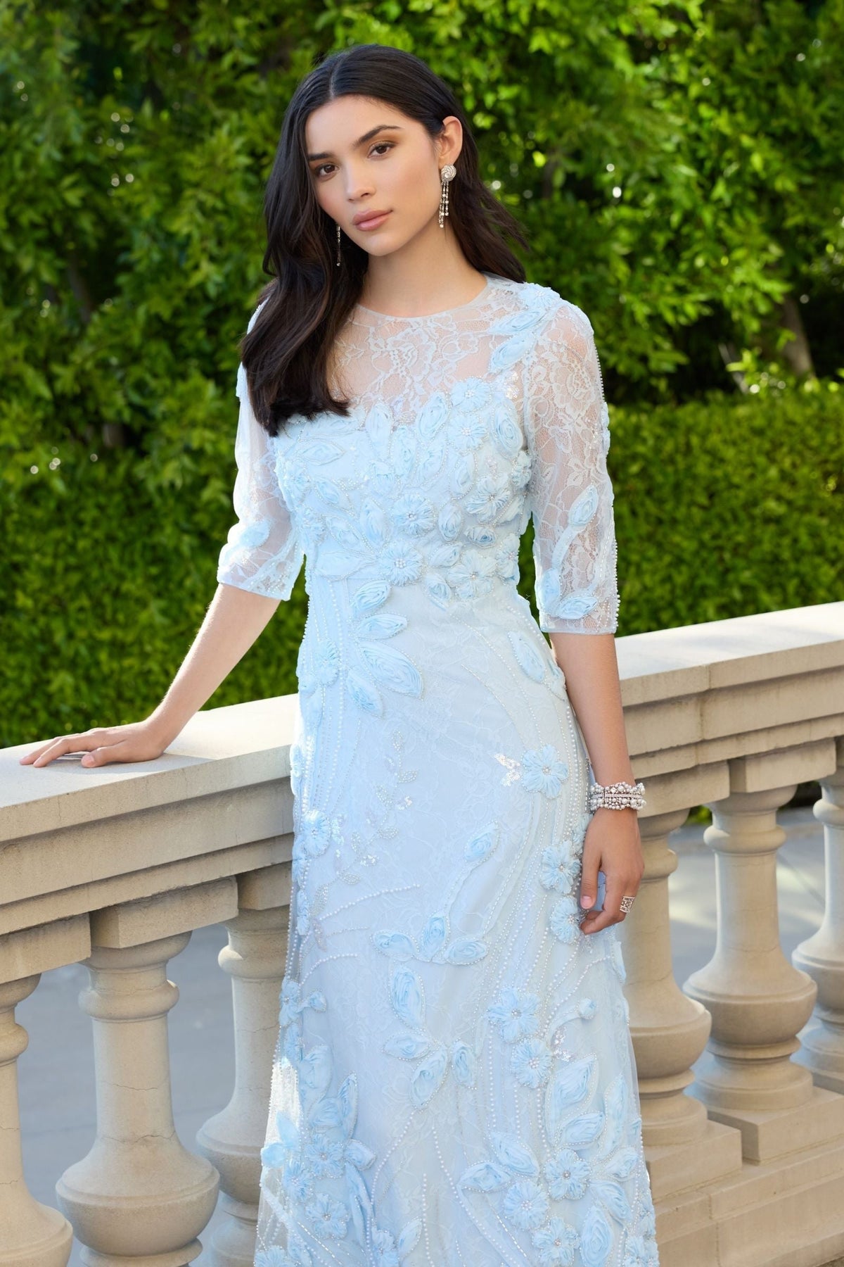 Periwinkle High Neck Embellished Lace Gown With 3/4 Sleeves