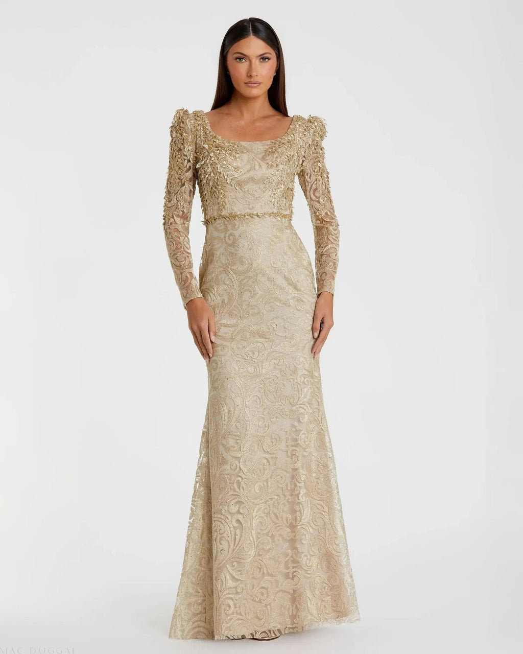 Gold Long Sleeve Embroidered Applique Trumpet Gown - FINAL SALE