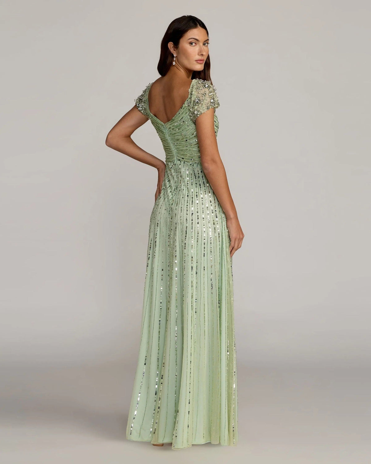 Sage Embellished V-Neck Cap Sleeve Gown