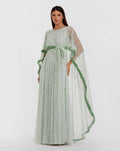 Jade Beaded Cape Sleeve Gown With Ruffle Trim