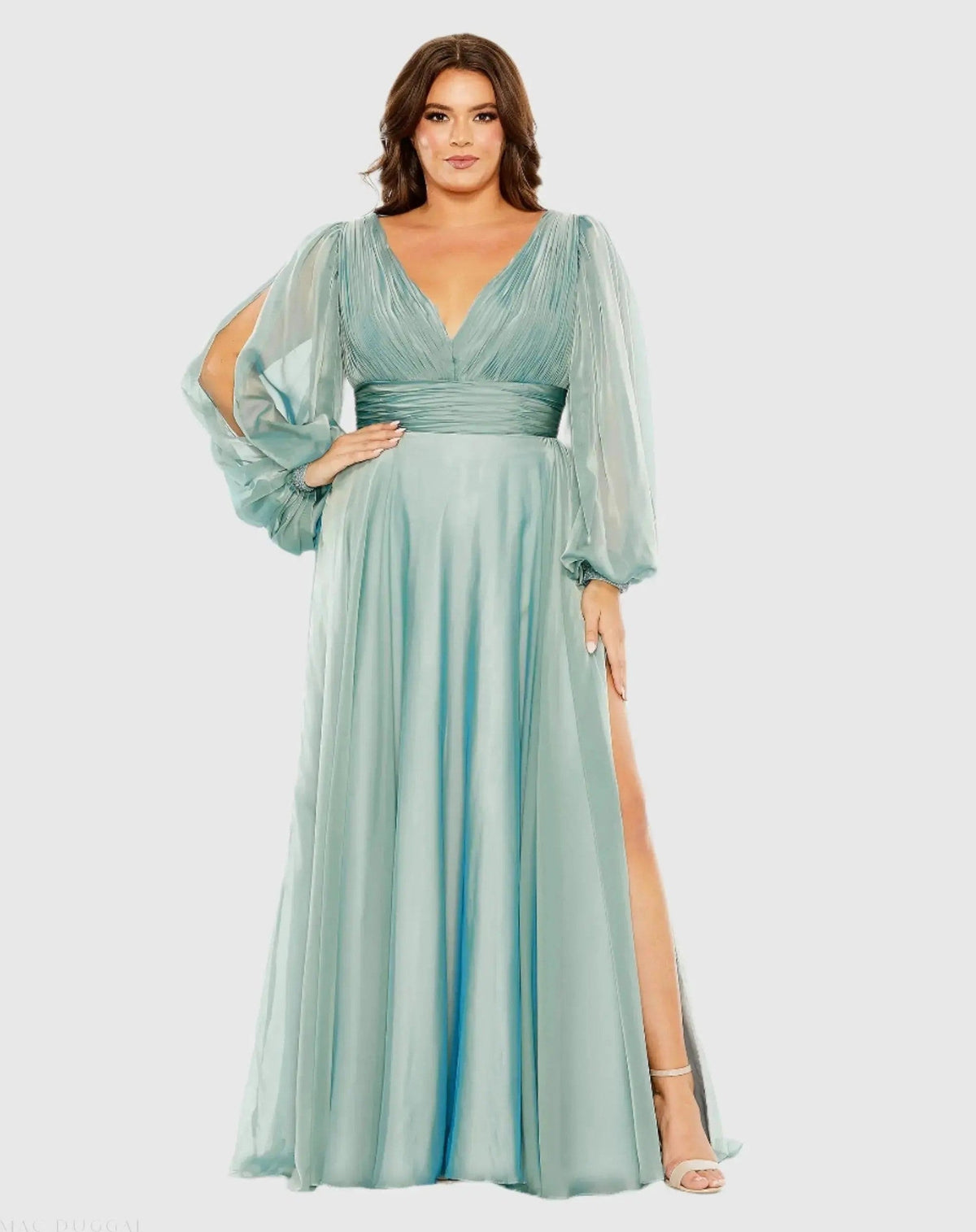 Blue Puff Sleeve w/ Embellished Cuff V Neck A Line Gown (Plus)