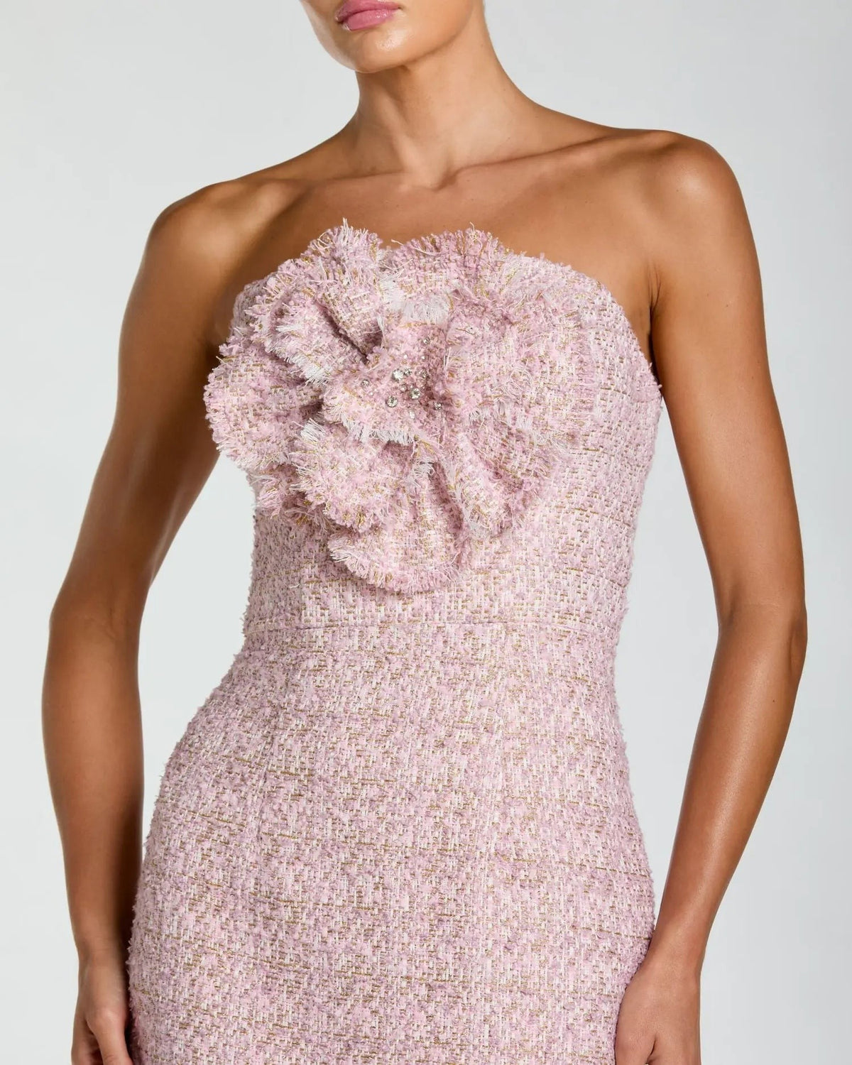 Lilac Strapless Boucle Midi Dress With 3D Flower