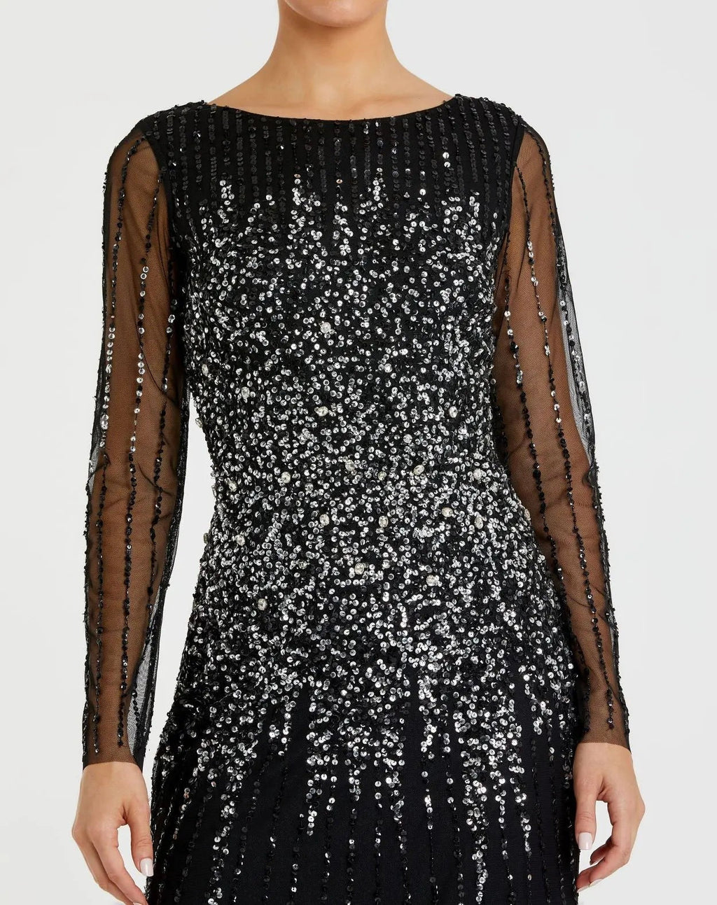 Black Sequin Embellished Long Sleeve A-Line Gown
