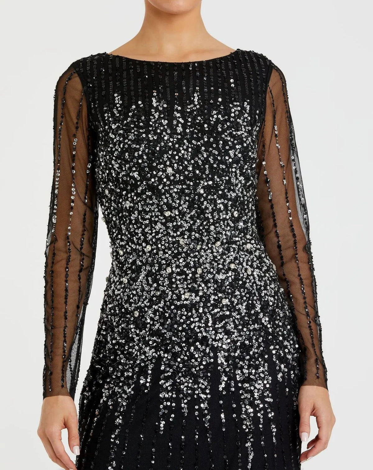 Black Sequin Embellished Long Sleeve A-Line Gown