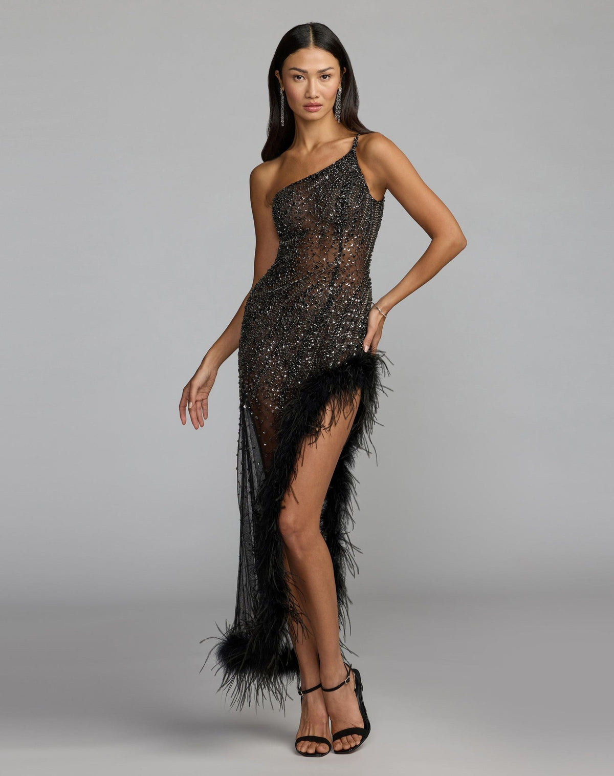 One Shoulder Embellished Dress With Feather Trim