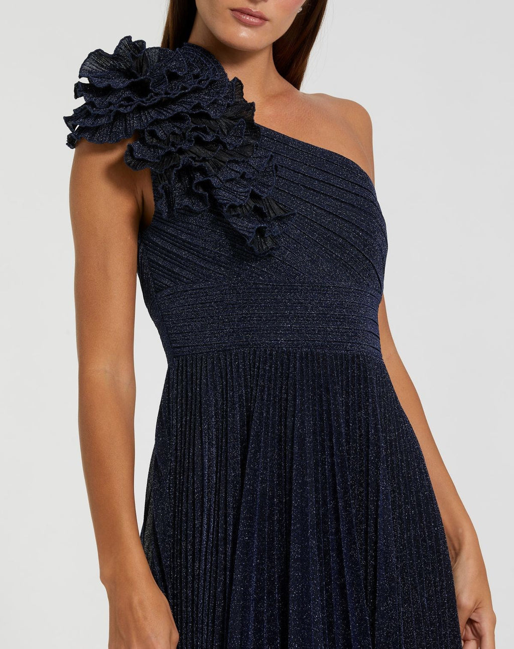 Navy Pleated One Shoulder Ruffle Gown