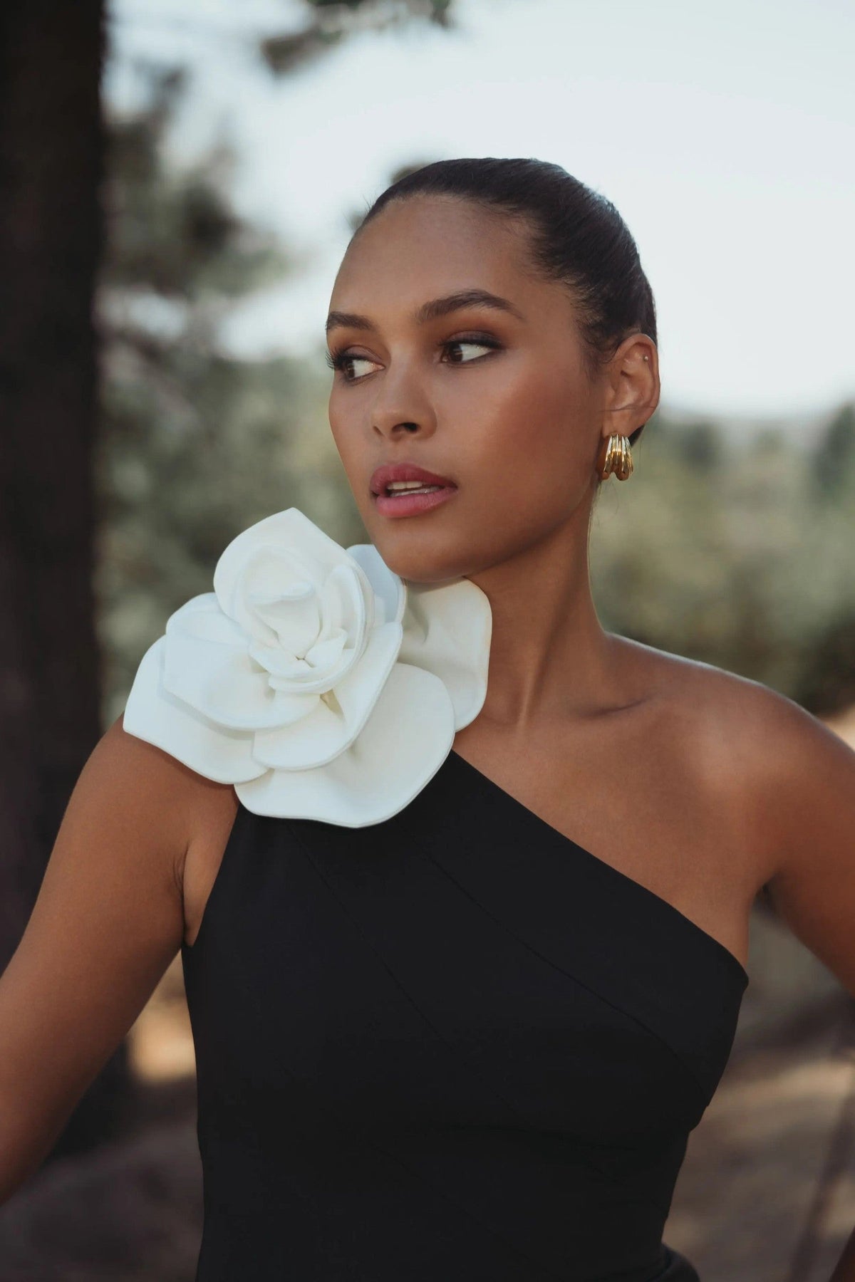 Black Ivory One Shoulder Mermaid Gown With 3D Flower