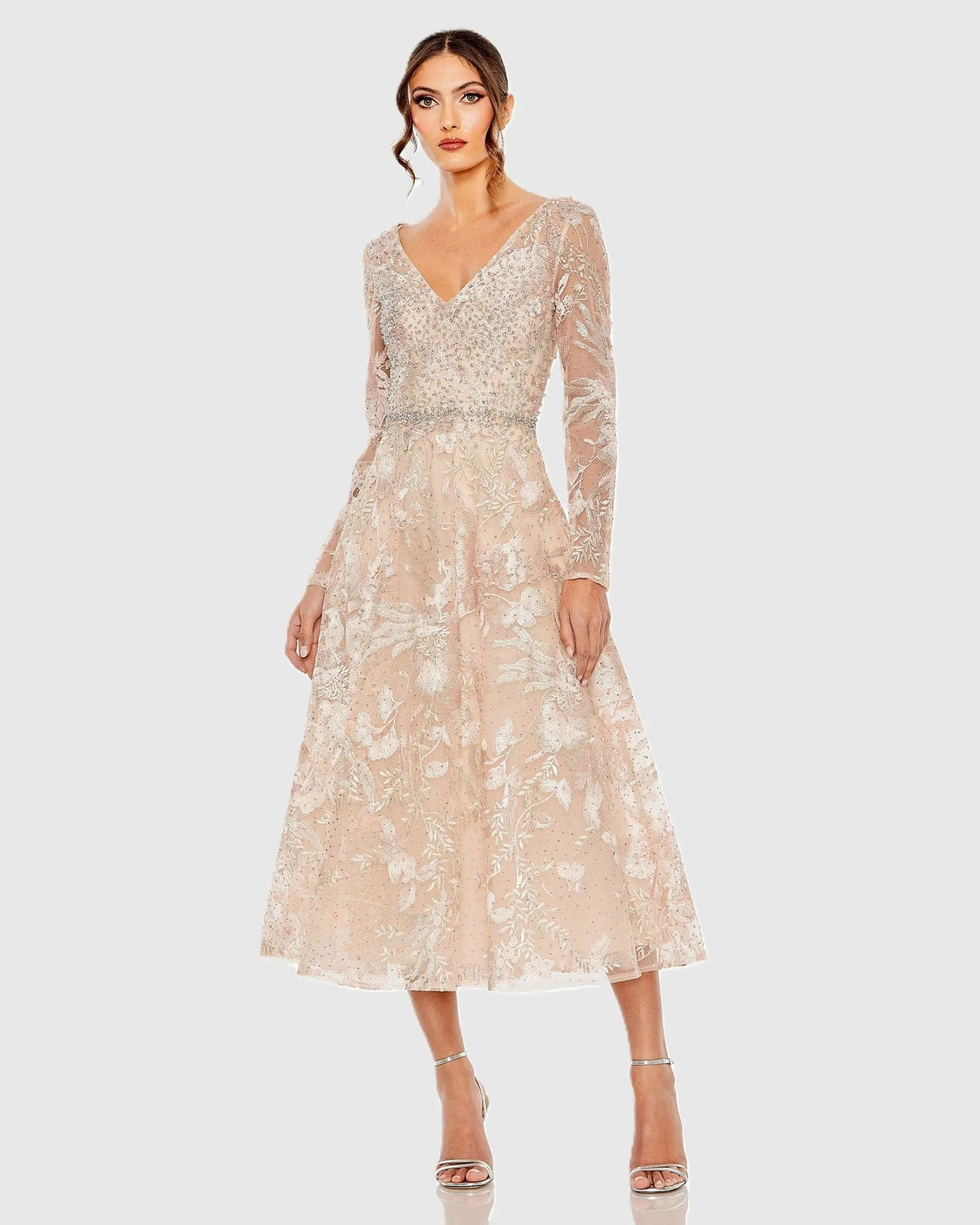 Blush Embroidered Long Sleeve Midi Dress