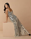 Silver Mirror Embellished Sleeveless Evening Gown