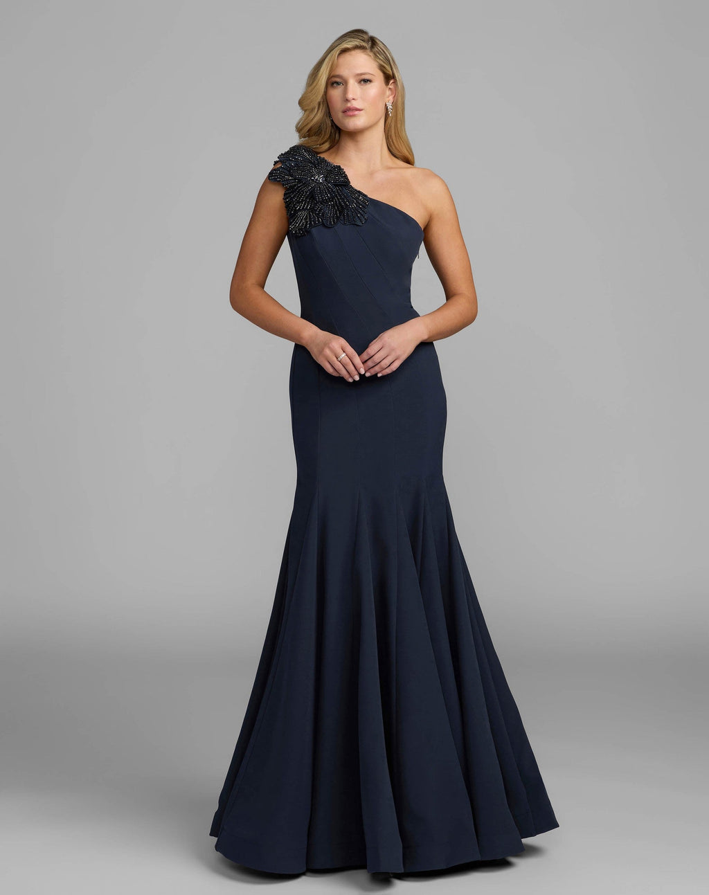 Midnight One Shoulder Trumpet Gown With Crystal Flower