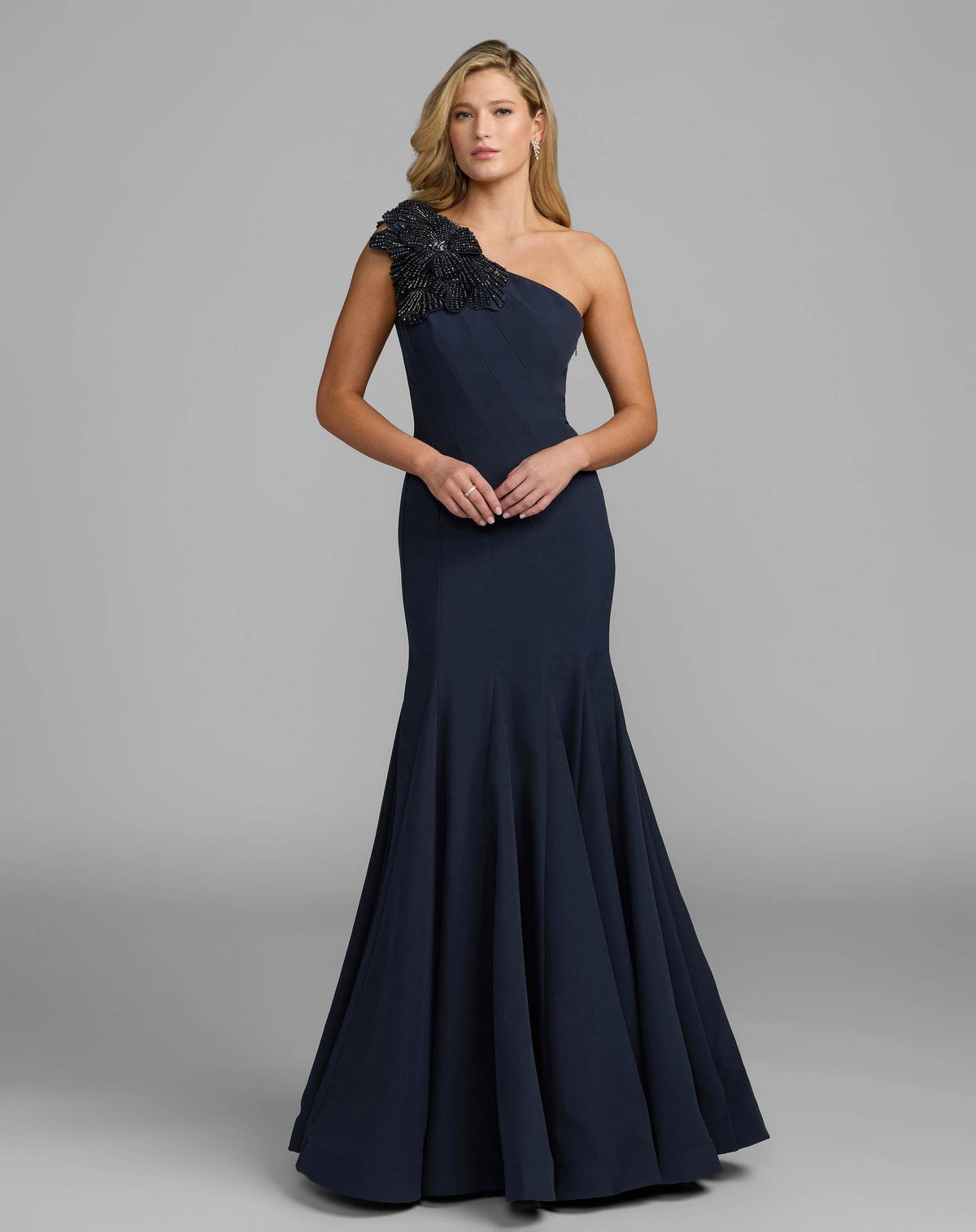 Midnight One Shoulder Trumpet Gown With Crystal Flower