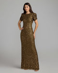 Brown Gathered Short Sleeve Embellished Gown