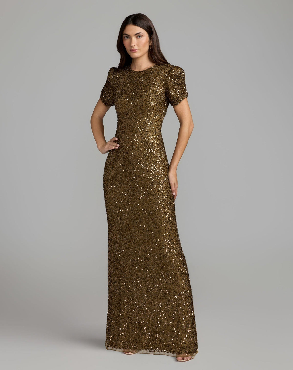 Brown Gathered Short Sleeve Embellished Gown