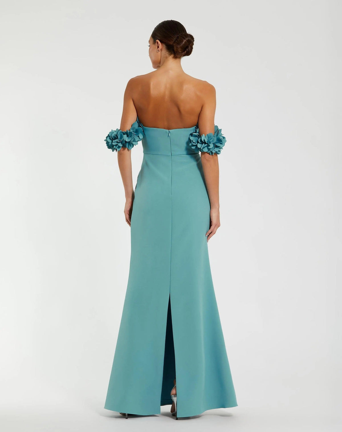 Teal Crepe Off The Shoulder Gown With 3D Flowers