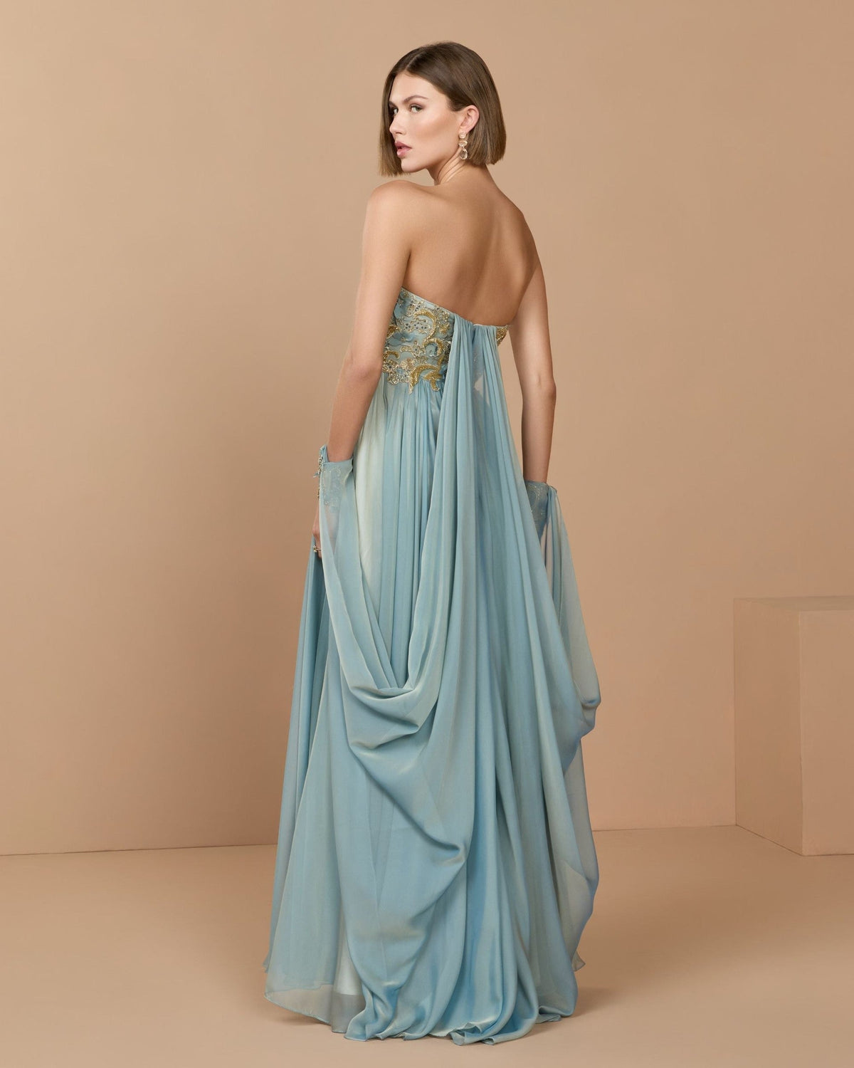 Seafoam Strapless Embellished Chiffon Cape Gown
