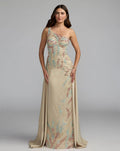 Beige One Shoulder Embellished Gown With Train