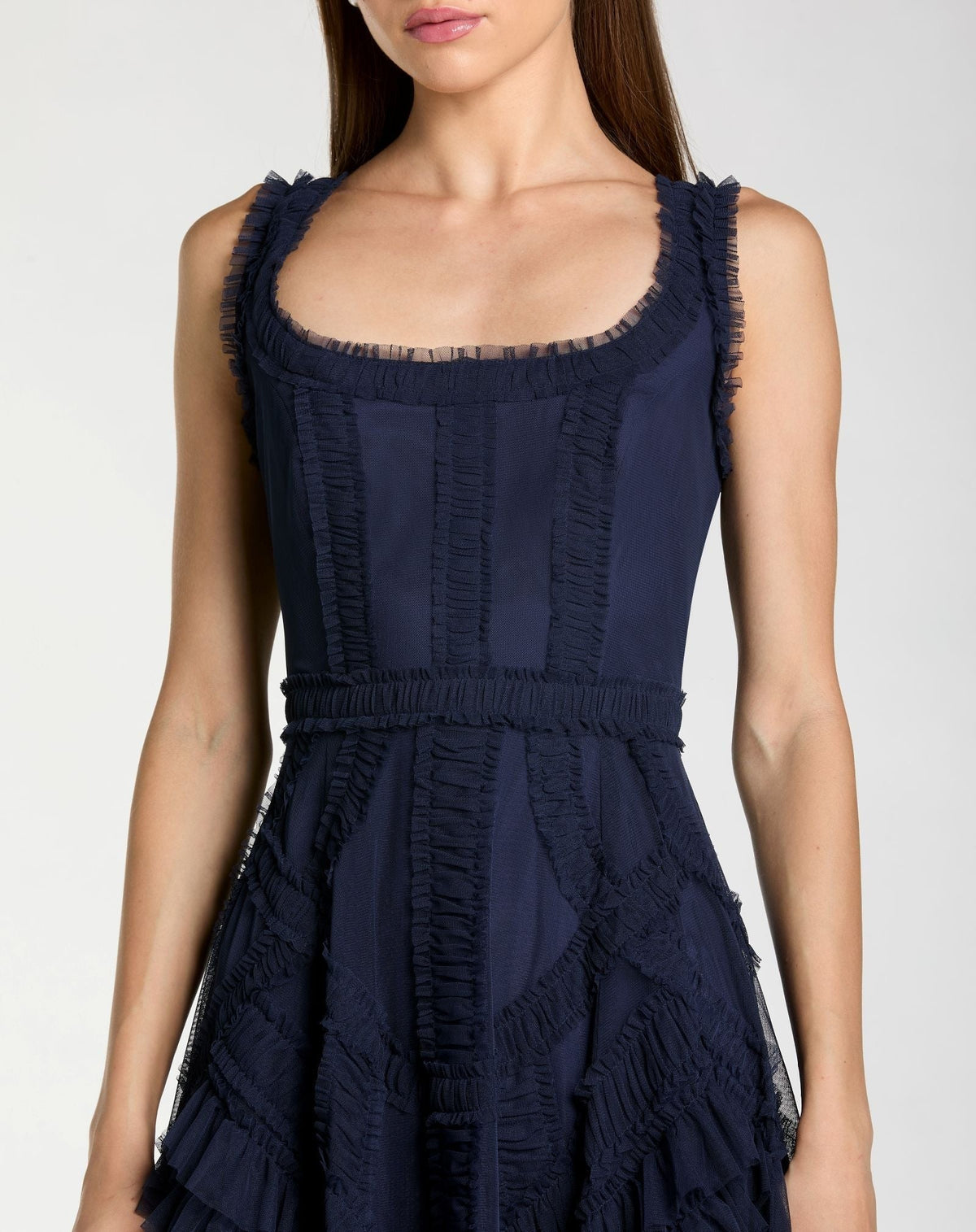 Navy Scoop Neck Sleeveless Micro Ruffle Midi Dress