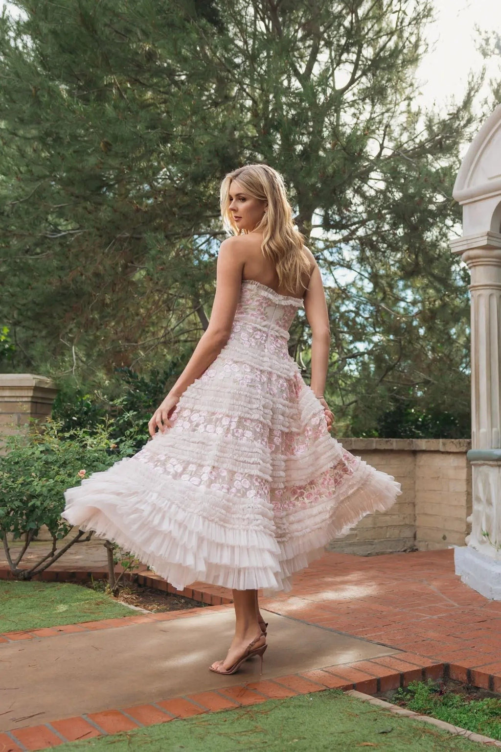 Pink Floral Embroidered Strapless Ruffle Maxi Dress