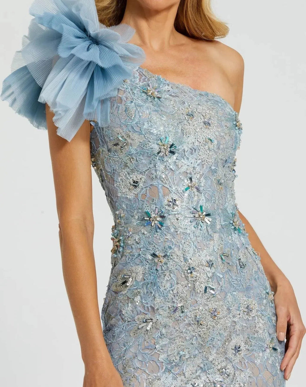 Powder Blue Sleeveless One Shoulder Embroidered Mermaid Gown