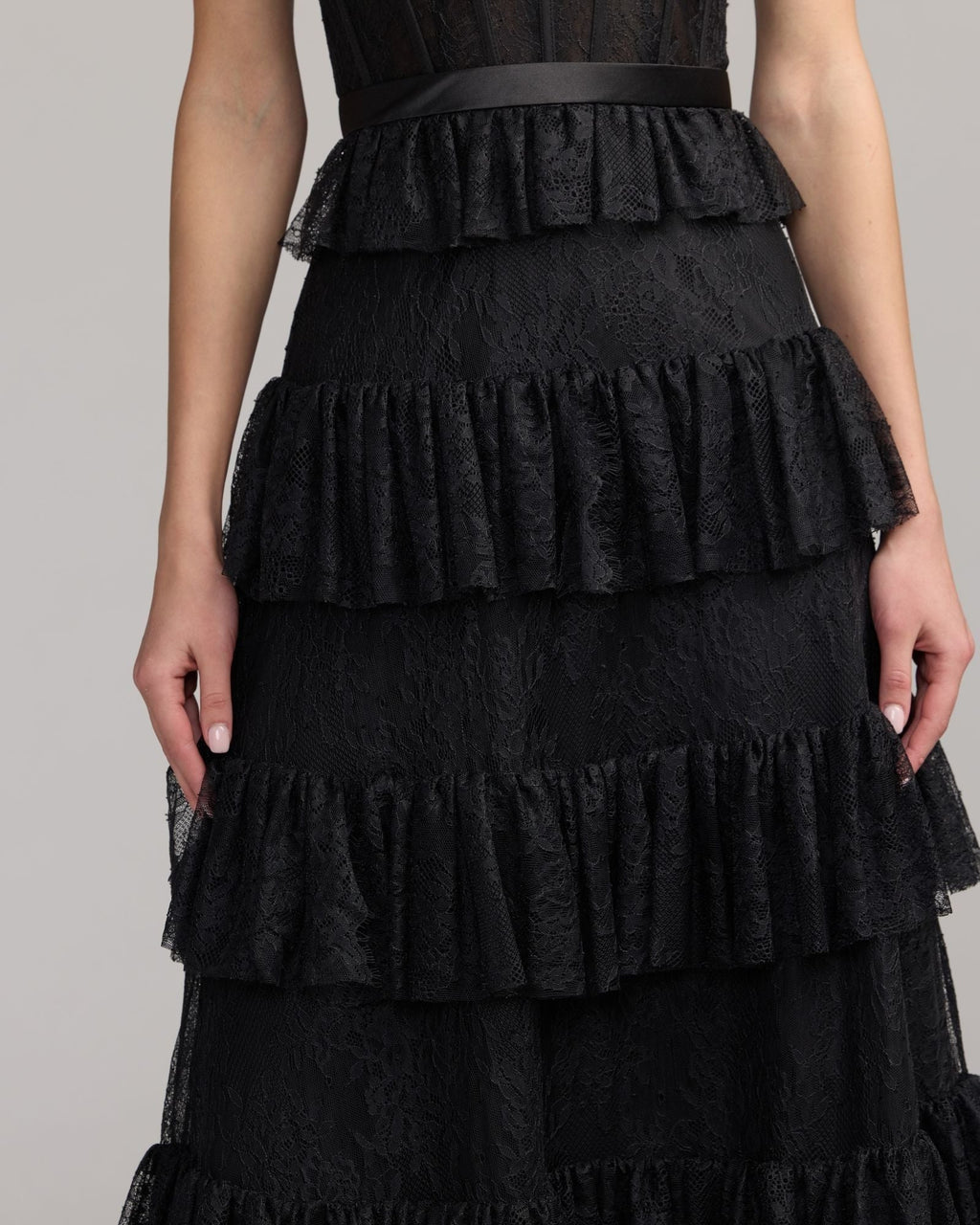Black Strapless Tiered Lace Midi Dress