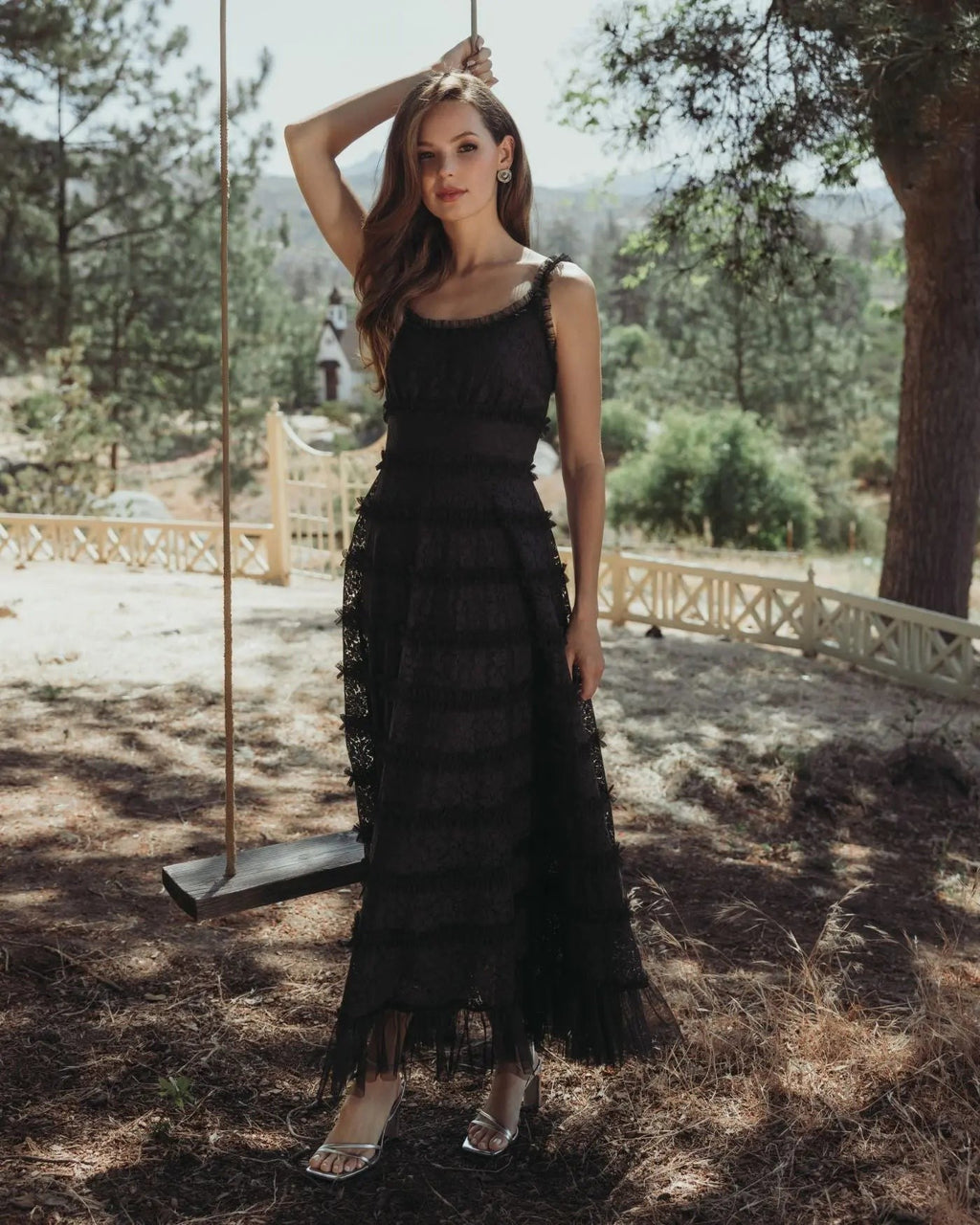 Black Floral Lace Ruffle Maxi Dress