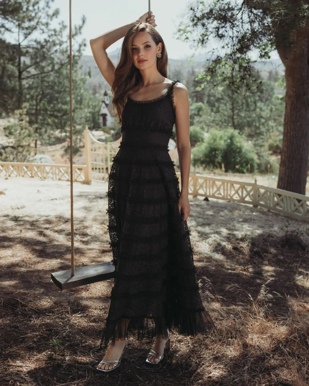 Black Floral Lace Ruffle Maxi Dress